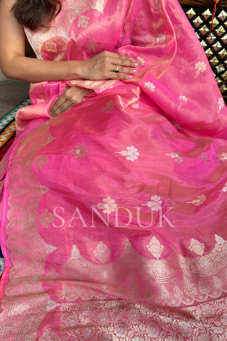गुलाबी टिश्यू सिल्क साडी